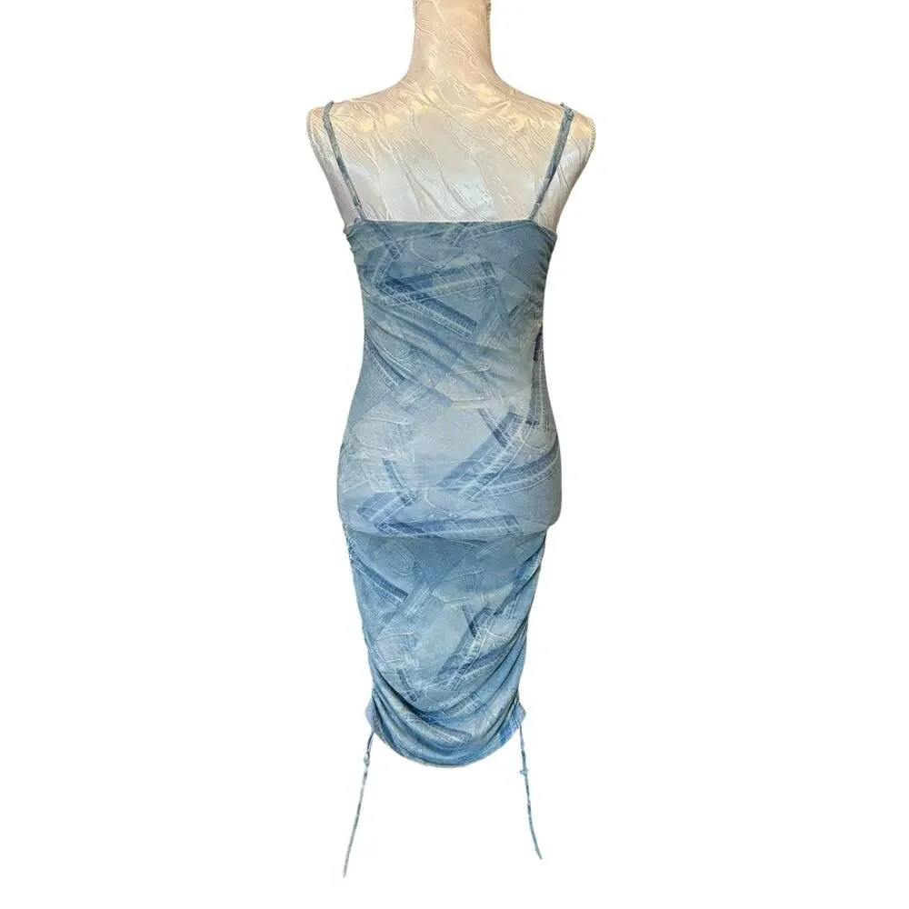 Good American Denim Print Stretch Midi Dress Ruched Coquette Size 1 - Picture 3 of 15